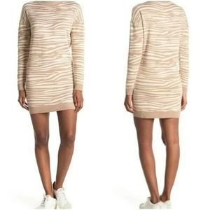 WAYF Intarsia Beige Zebra Print Long-Sleeve Mini Sweater-Dress Size M